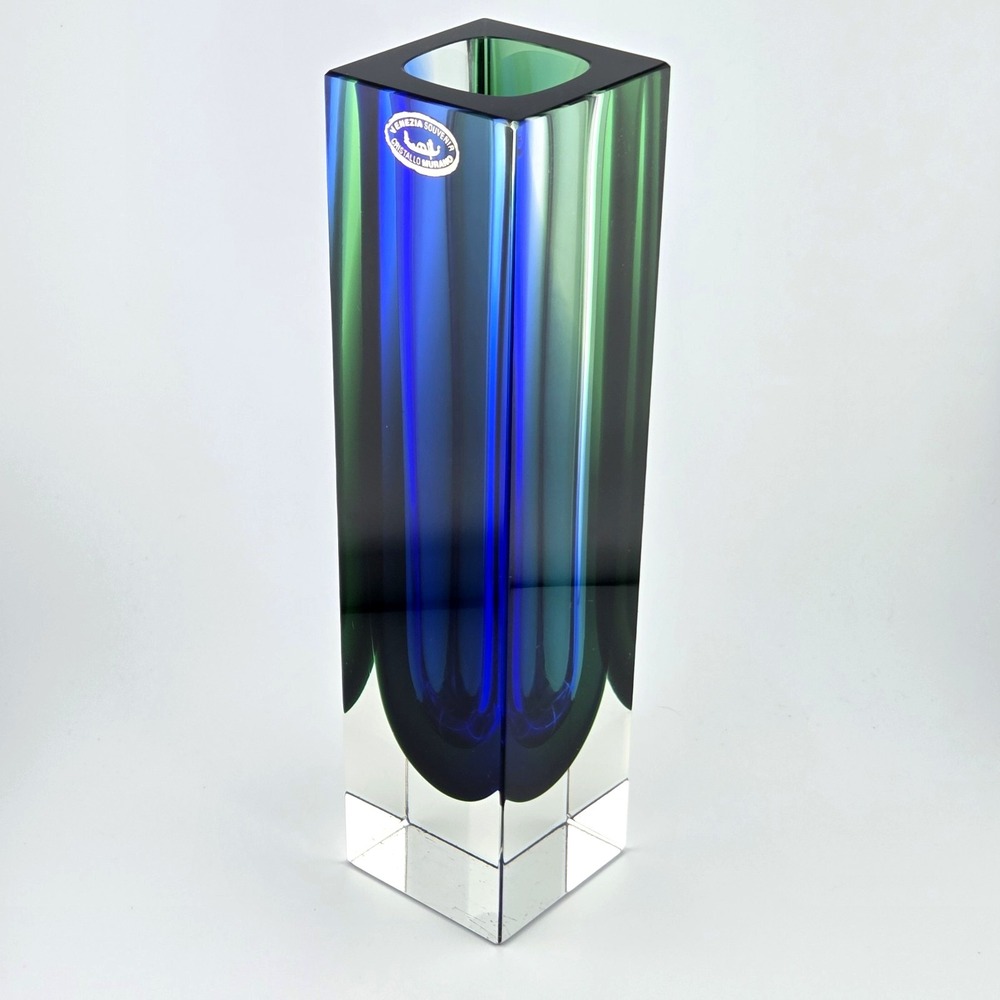 Venezia Souvenir Cristallo Murano Vtg Sommerso Rectangular Vase Blue Green Italy